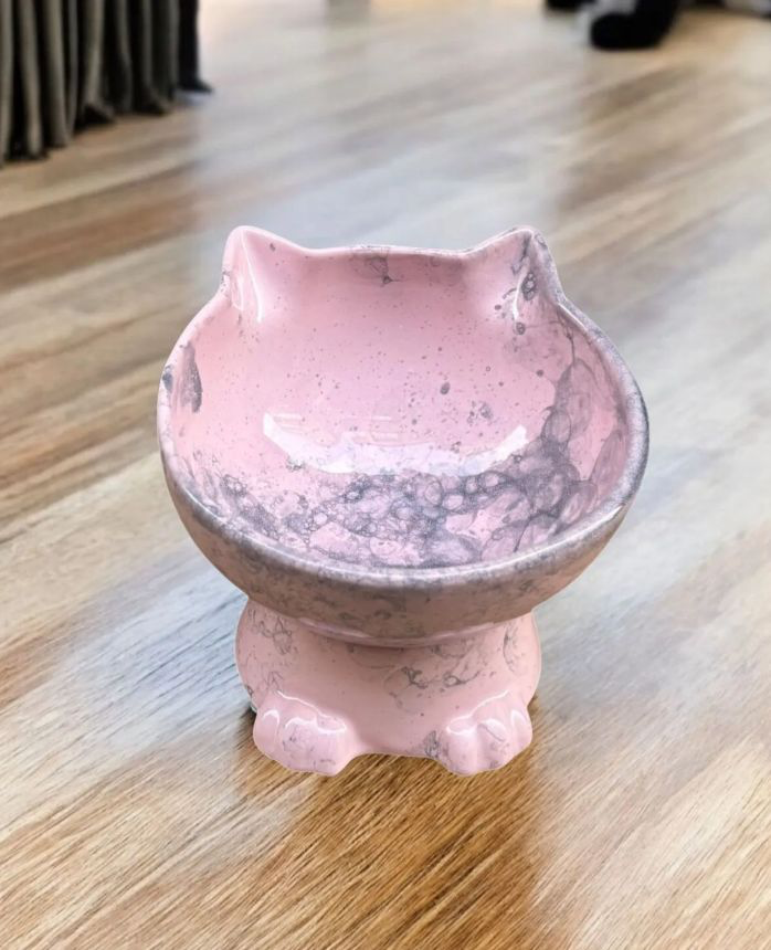 Pati Ve Kulak Figürlü Yüksek Seramik Mama Kabı Pembe